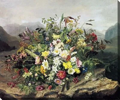 Букет цветов на фоне горного пейзажа (Bouquet of flowers against a background of mountain scenery)