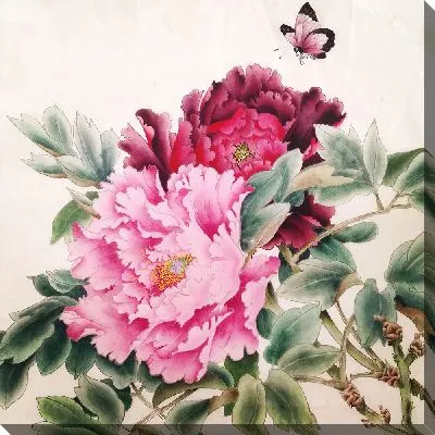 Картина маслом Два бутона пиона и бабочка в японском стиле
