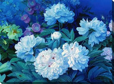 Картина маслом Пионы в голубых тонах