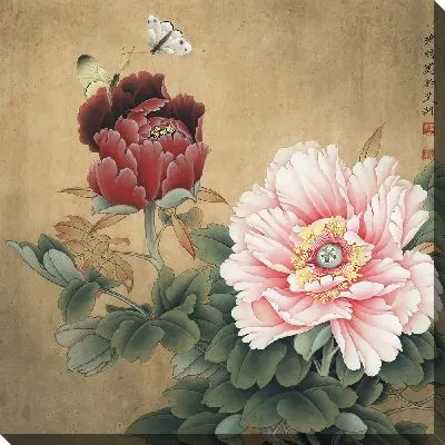 Картина маслом Пионы с бабочками в японском стиле