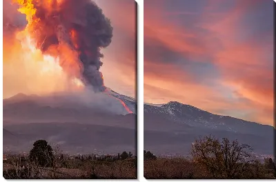 Модульная картина Извержение вулкана в долине