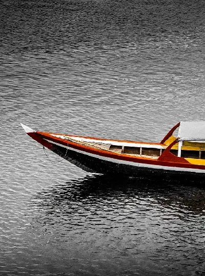 Плакат Цветная лодка на фоне черно-белой воды