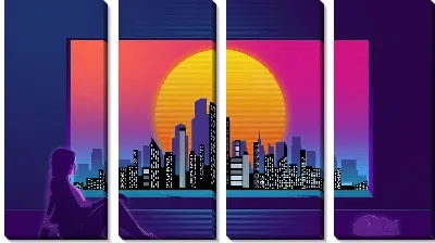 Модульная картина Девушка на фоне неонового города и Солнца