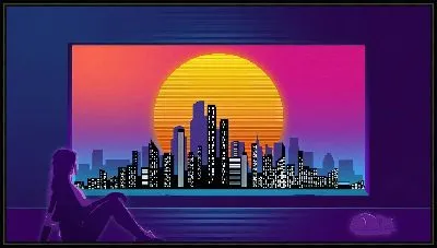 Картина Девушка на фоне неонового города и Солнца