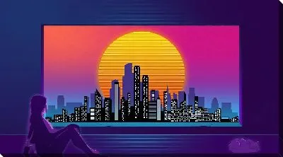 Постер Девушка на фоне неонового города и Солнца