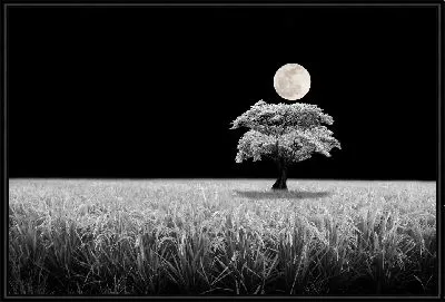 Картина Ночной пейзаж пшеничное поле, Луна и одинокое дерево