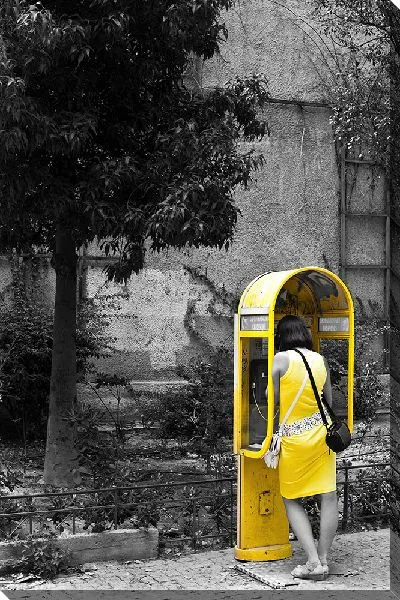 Постер Женщина в желтом в желтой будке
