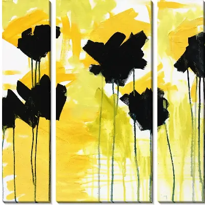 Модульная картина Черные цветы на фоне желтого