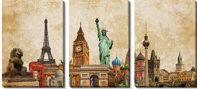 Модульная картина Винтажный коллаж из достопримечательностей мира