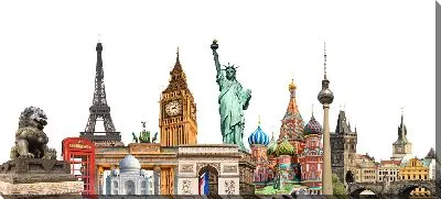 Постер Коллаж из достопримечательностей мира на белом фоне