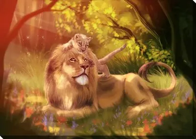 Картина маслом Лев с львенком в лесу