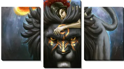 Модульная картина Черный лев с девушкой