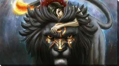 Картина маслом Черный лев с девушкой