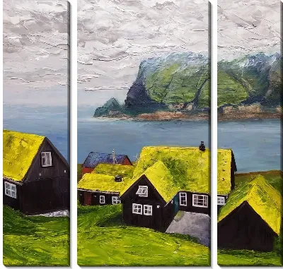 Модульная картина Скандинавский пейзаж с зелеными крышами