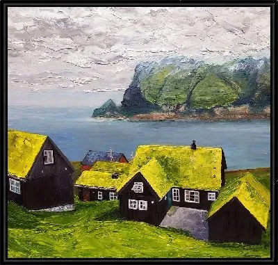 Скандинавский пейзаж с зелеными крышами