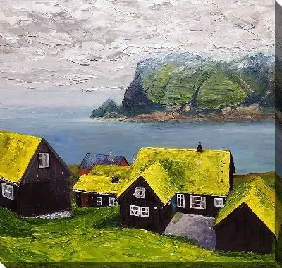 Скандинавский пейзаж с зелеными крышами