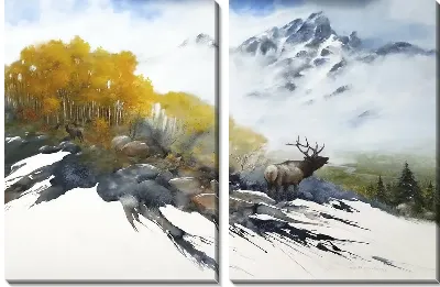 Модульная картина Горный, зимний пейзаж с оленем