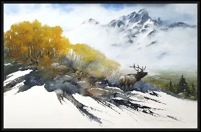 Картина Горный, зимний пейзаж с оленем