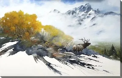 Картина маслом Горный, зимний пейзаж с оленем