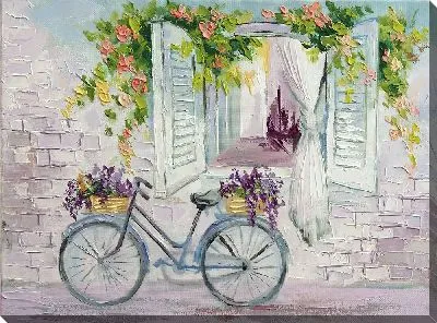 Картина маслом Велосипед с цветами перед окном