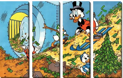 Модульная картина Скрудж на лыжах внутри хранилища денег