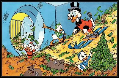 Картина Скрудж на лыжах внутри хранилища денег