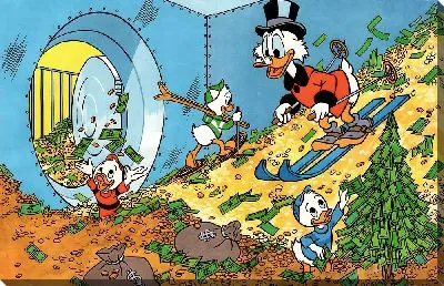 Картина маслом Скрудж на лыжах внутри хранилища денег