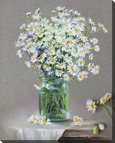 Картина маслом Букет с ромашками в вазе на столе