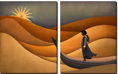 Модульная картина Девушка на лодке плывет между песчаных барханов