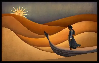 Картина Девушка на лодке плывет между песчаных барханов