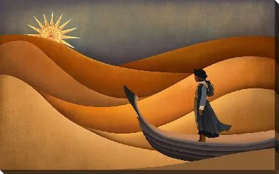 Постер Девушка на лодке плывет между песчаных барханов