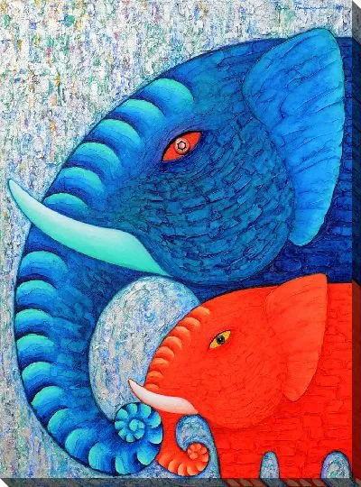 Картина маслом Синий и красный слоны