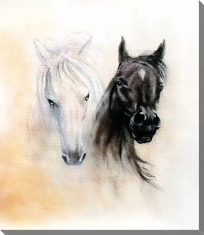 Картина маслом Черная и белая лошади