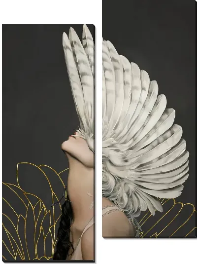 Картина Девушка с перьями на голове на фоне золотого контура