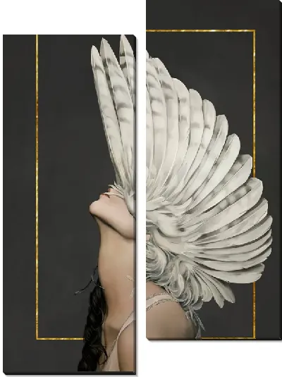 Картина Девушка с перьями на голове на фоне золотого прямоугольника