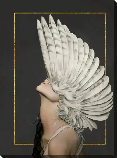 Картина Девушка с перьями на голове на фоне золотого прямоугольника