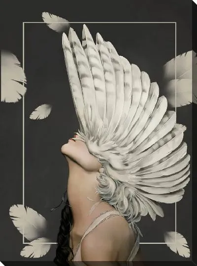 Картина Девушка с перьями на голове на фоне перьев