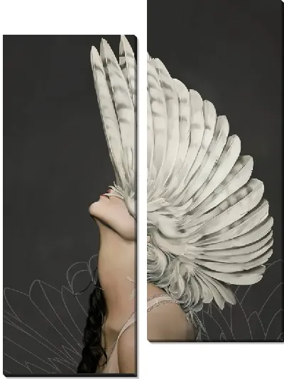 Картина Девушка с перьями на голове на сером фоне