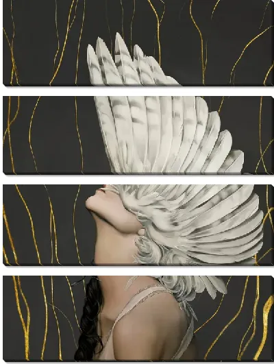 Картина Девушка с перьями на голове на фоне золотых линий