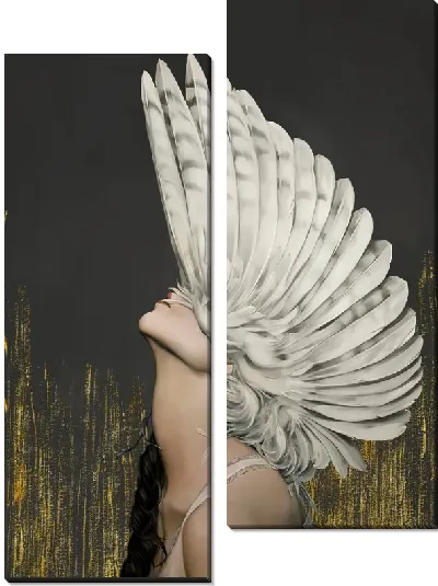 Картина Девушка с перьями на голове на фоне золотой текстуры