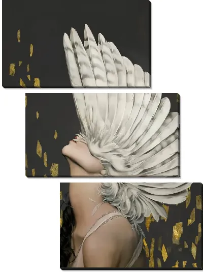 Картина Девушка с перьями на голове на фоне золотых мазков