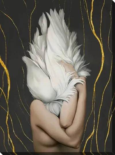 Картина Девушка с перьями и золотыми линиями