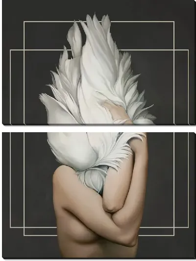 Картина Девушка с перьями с двумя прямоугольниками на фоне