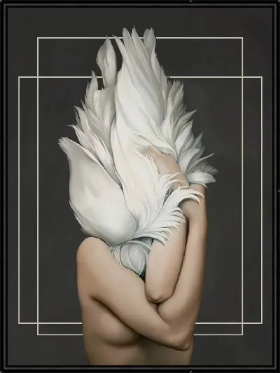 Картина Девушка с перьями с двумя прямоугольниками на фоне