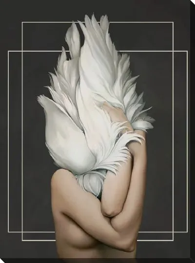 Картина Девушка с перьями с двумя прямоугольниками на фоне