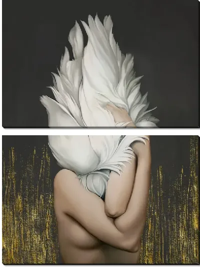 Картина Девушка с перьями с золотой текстурой