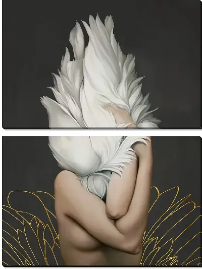 Картина Девушка с перьями и золотым силуэтом цветка