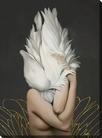 Картина Девушка с перьями и золотым силуэтом цветка