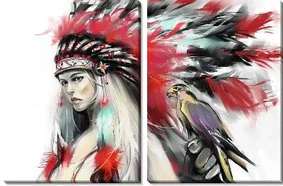 Модульная картина Девушка в образе индейца с перьями на голове