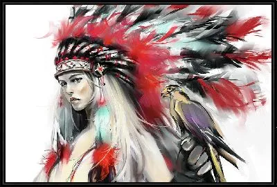 Картина Девушка в образе индейца с перьями на голове